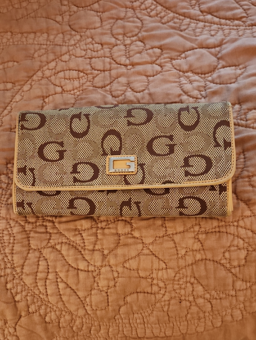 Guess Logo Monogram Clutch Wallet in Beige and Brown Vintage